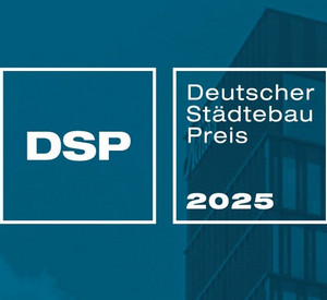 Logo DSP - Deutscher Städtebaupreis 2025, weiße Schrift mit blauem Hintergrund