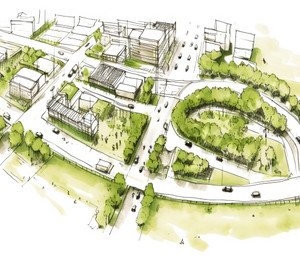 Skizze einer grünen Stadt mit mehrgeschossigen Gebäuden