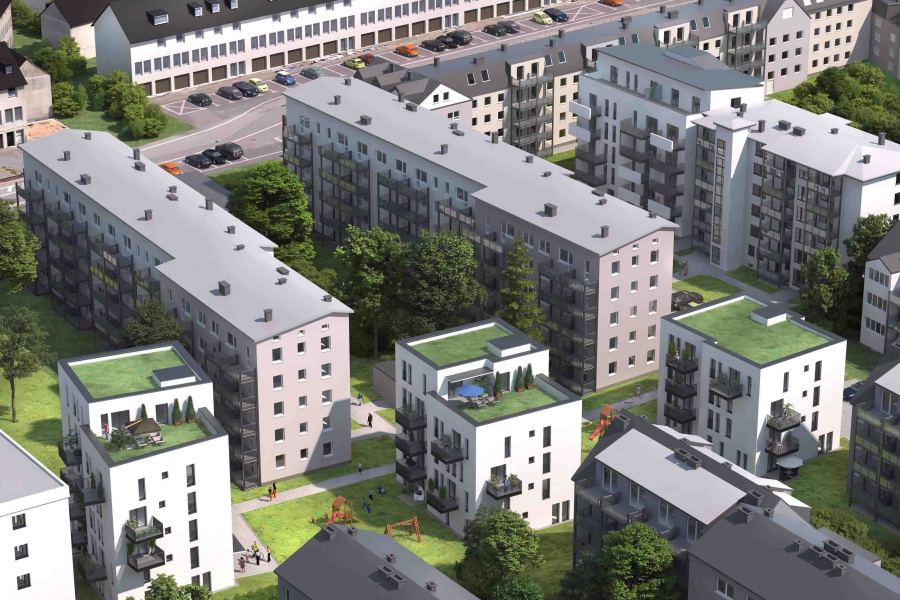 Visualisierte Perspektive auf die geplanten Solitäre im Vordergrund und den bereits realisierten Neubau im Hintergrund